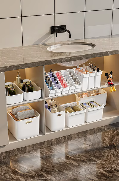 Organized Kitchen Utensils Storage With White Drawer Organizers Divided Compartments And Marble Countertop 3d model