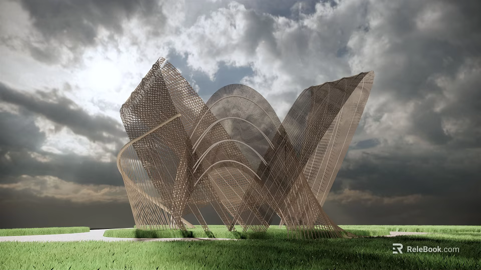 Modern Pergola Design Featuring Curved Openwork Structure Against Grassland And Sky 3d model 