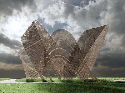 Modern Pergola Design Featuring Curved Openwork Structure Against Grassland And Sky 3d model