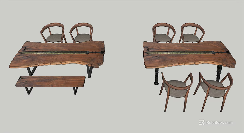 Rustic Wooden Tea Table And Chairs With Natural Grain And Comfortable Seats 3d model 