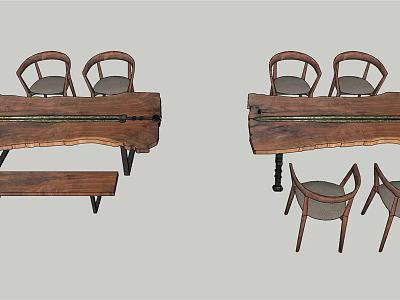 Rustic Wooden Tea Table And Chairs With Natural Grain And Comfortable Seats 3d model