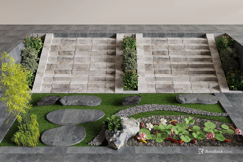 Garden Decorative Elements With Stone Steps Green Plants And Small Pond With Water Lilies 3d model 