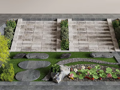 Garden Decorative Elements With Stone Steps Green Plants And Small Pond With Water Lilies 3d model