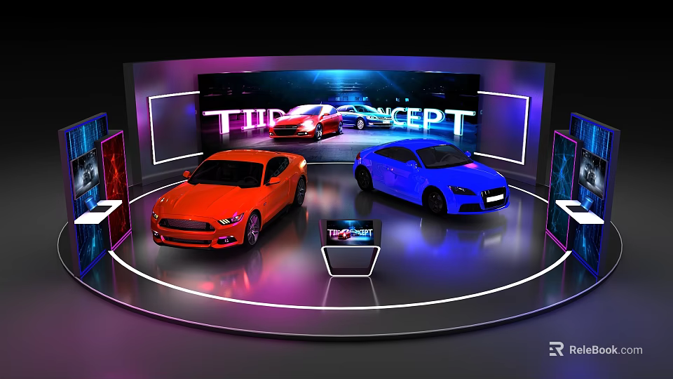Vibrant Thor Concept Cars Displayed On Exhibition Platform With Neon Lights And Screen 3d model 