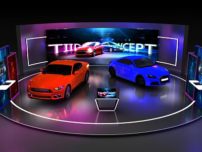Vibrant Thor Concept Cars Displayed On Exhibition Platform With Neon Lights And Screen 3d model