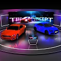 Vibrant Thor Concept Cars Displayed On Exhibition Platform With Neon Lights And Screen