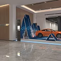 Modern Showroom Interior With Red LOGO Wall Reception Wooden Walls Marble Floor And Car Models