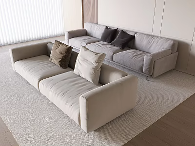 Modern Light Colored Casual Sofa Set With Soft Pillows On Light Carpet And White Blinds 3d model