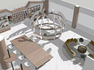 Coach Specialty Store Interior Design With Circular Display Shelves Wooden Table And Chairs 3d model