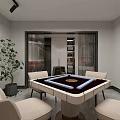 Modern Hotel Mahjong Room Interior Featuring Comfortable Seating Round Table Artwork And Potted Plant