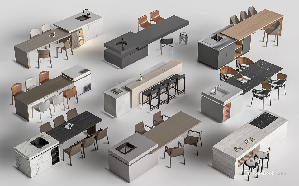 Different Styles Of Modern Bar Counter Designs With Various Materials And Chairs 3d model 