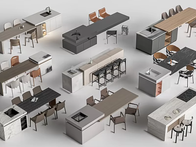 Different Styles Of Modern Bar Counter Designs With Various Materials And Chairs 3d model