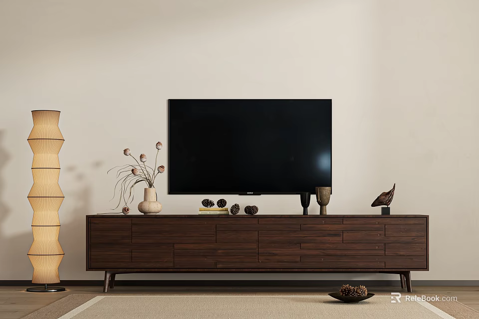 Modern Minimalist Living Room TV Stand With Dark Wood Finish Decorative Vase And Bird Figurine 3d model 