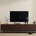 Modern Minimalist Living Room TV Stand With Dark Wood Finish Decorative Vase And Bird Figurine