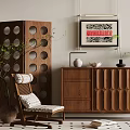 Cozy Living Room Interior With Wooden Divider Rocking Chair Cabinet Artwork And Green Plant