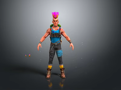 Man with Pink Mohawk Wearing Blue Vest Cargo Pants Yellow Knee Pads and Brown Boots 3d model