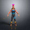 Man with Pink Mohawk Wearing Blue Vest Cargo Pants Yellow Knee Pads and Brown Boots