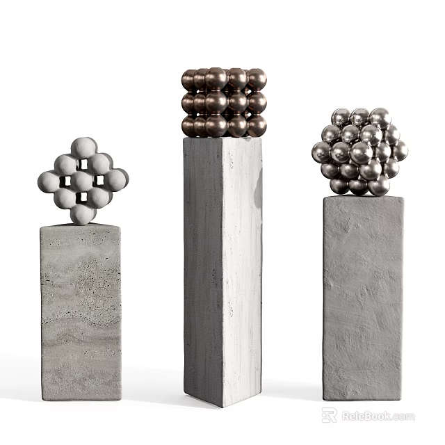 Three Abstract Sculptures With Metal Balls On Concrete Pedestals Geometric Stacked Designs 3d model 
