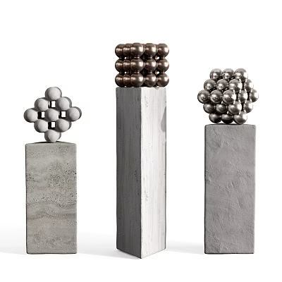 Three Abstract Sculptures With Metal Balls On Concrete Pedestals Geometric Stacked Designs 3d model