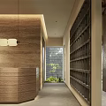 Modern Hotel Lobby Interior With Wooden Reception Desk Pendant Lights Shelves And Green Plants