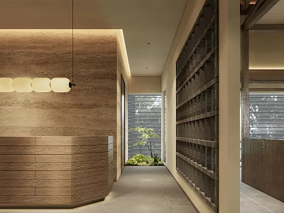 Modern Hotel Lobby Interior With Wooden Reception Desk Pendant Lights Shelves And Green Plants 3d model