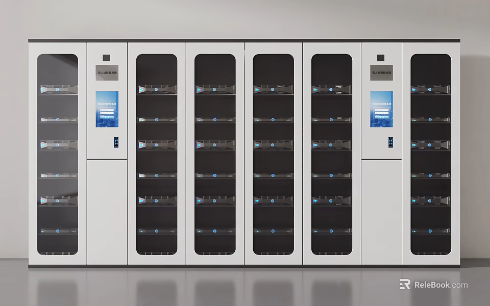 Industrial Equipment White Storage Cabinets With Glass Doors Multiple Shelves Display Screens And Control Panels 3d model 