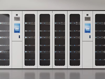 Industrial Equipment White Storage Cabinets With Glass Doors Multiple Shelves Display Screens And Control Panels 3d model