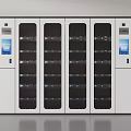 Industrial Equipment White Storage Cabinets With Glass Doors Multiple Shelves Display Screens And Control Panels