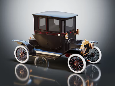 Vintage Classic Car With Black Body White Wheels And Brass Headlights 3d model