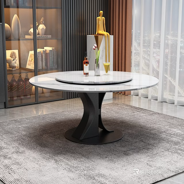Modern Round Marble Top Dining Table With Black Metal Base On Gray Rug 3d model 