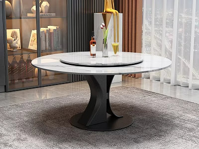 Modern Round Marble Top Dining Table With Black Metal Base On Gray Rug 3d model