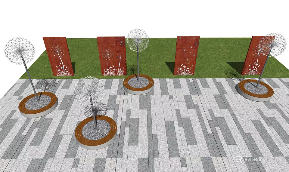 Dandelion Shaped Outdoor Lights On Circular Bases With Grass Lawn And Stone Pavement 3d model 