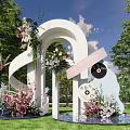 Outdoor Heart Shaped Arch With Pink White Flowers Ribbon And Floral Decorations On Grassy Lawn