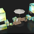 Outdoor Booth Scene with Numbered 01 02 Umbrella Seating Plants and Nighttime Ambiance