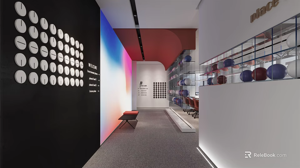 Modern Public Office Space Featuring Display Wall Seating Bench And Glass Shelves 3d model