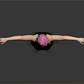 A woman with pink hair in black dress arms outstretched against gray background