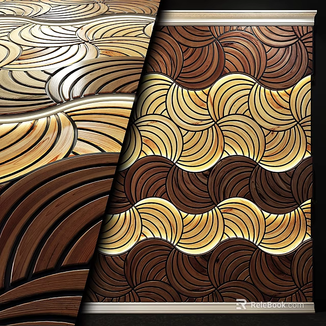 Elegant Wooden Wall Decor With Wavy Patterns And Brown Gold Textures 3d model