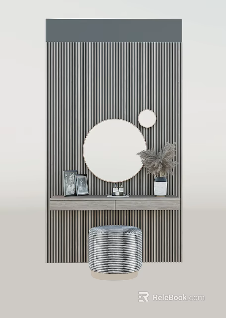 Modern Dressing Table With Striped Wall Round Mirrors Photo Frames Potted Plant And Checkered Stool 3d model