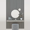 Modern Dressing Table With Striped Wall Round Mirrors Photo Frames Potted Plant And Checkered Stool 3d model