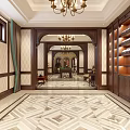 Elegant Traditional Lounge Interior With Wooden Bookshelves Wine Cabinet Chandelier Armchair And Geometric Floor Tiles