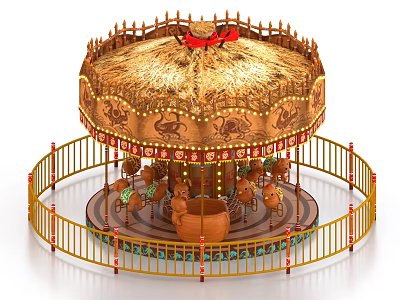 Decorative Carousel With Straw Roof Golden Fence Animal Seats Decorative Lights And Red Bow 3d model
