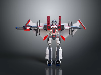 Mechanical Robot Figure With Red White Wings Armored Body And Weapon 3d model