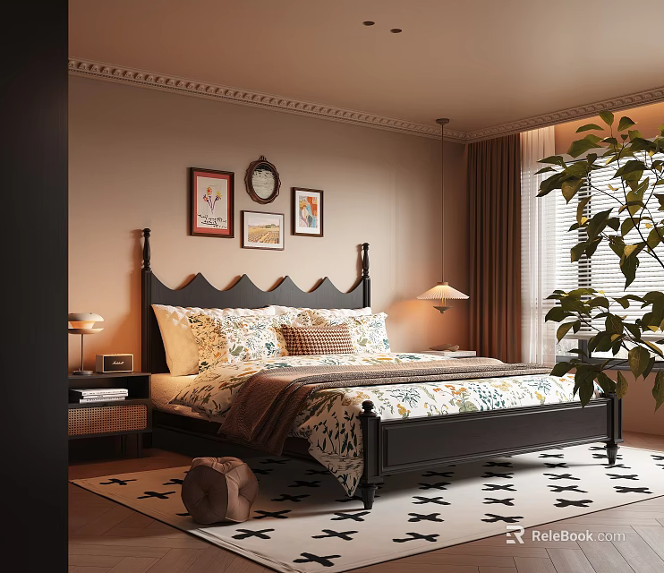 Cozy Bedroom Interior With Black Bed Floral Bedspread Pillows Table Lamps Framed Pictures And Potted Plant 3d model 