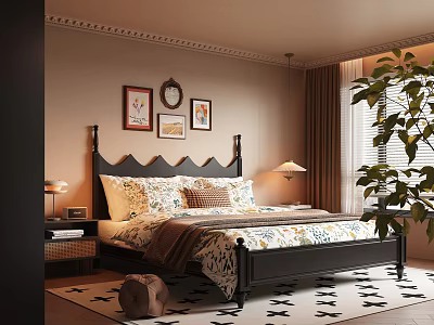 Cozy Bedroom Interior With Black Bed Floral Bedspread Pillows Table Lamps Framed Pictures And Potted Plant 3d model