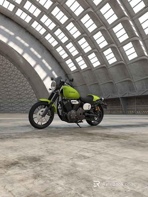 Green Motorcycle In Industrial Concrete Building With Arch And Windows 3d model 