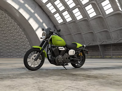Green Motorcycle In Industrial Concrete Building With Arch And Windows 3d model