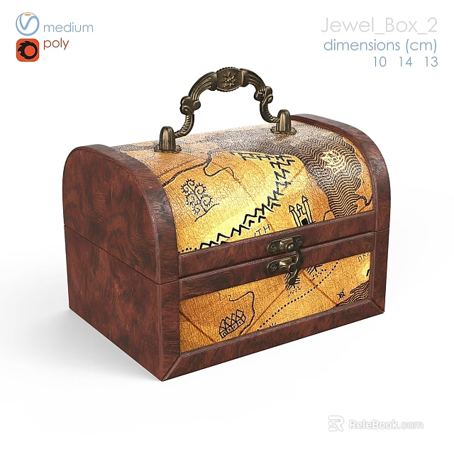 Wooden Decorative Chest with Golden Patterns and Metal Handle for Wall Decor 3d model 