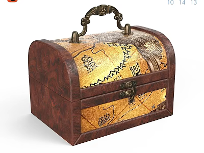 Wooden Decorative Chest with Golden Patterns and Metal Handle for Wall Decor 3d model