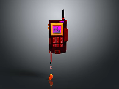 Vintage Mobile Phone With Antenna Yellow Pink Screen Red Buttons And Strap 3d model
