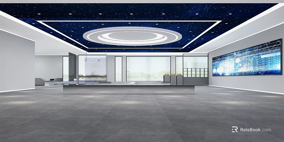 Modern Hall Interior With Starry Ceiling Circular Light Large Windows Reception Desk And Display Cabinets 3d model